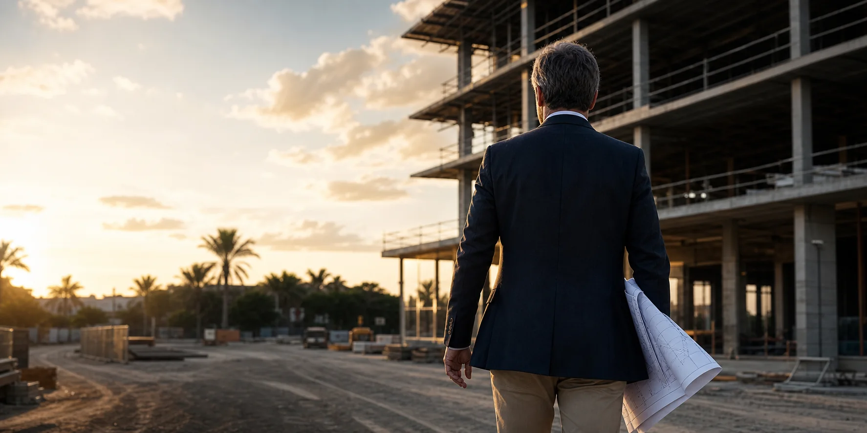 Project lead walking a Florida construction site at sunrise with drawings under his arm